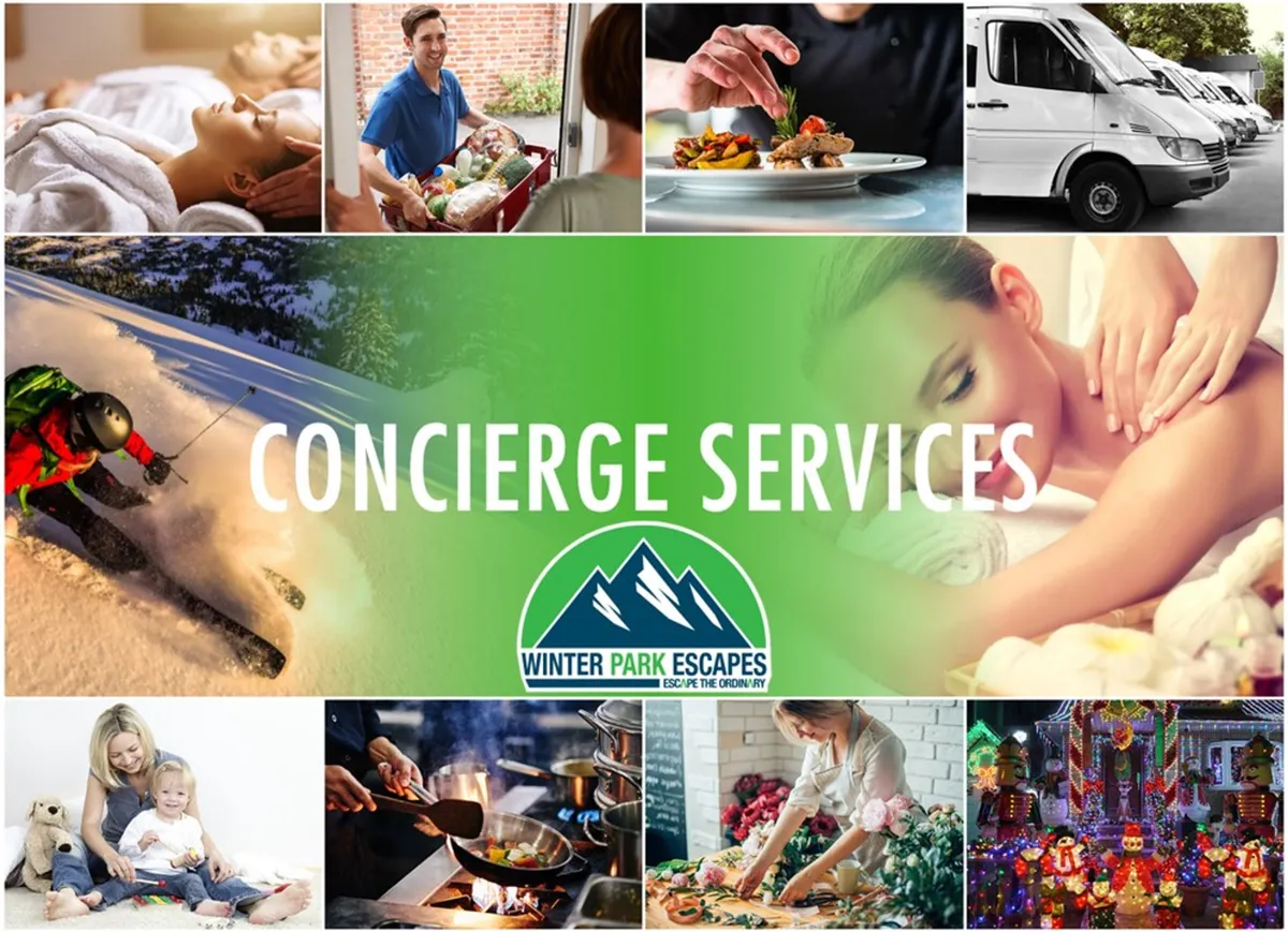 A vibrant collage-style image showcasing concierge services, skiing, gourmet food, spa treatments, family activities, and luxury transport. The visuals convey the breadth of resort amenities and premium experiences available to guests.