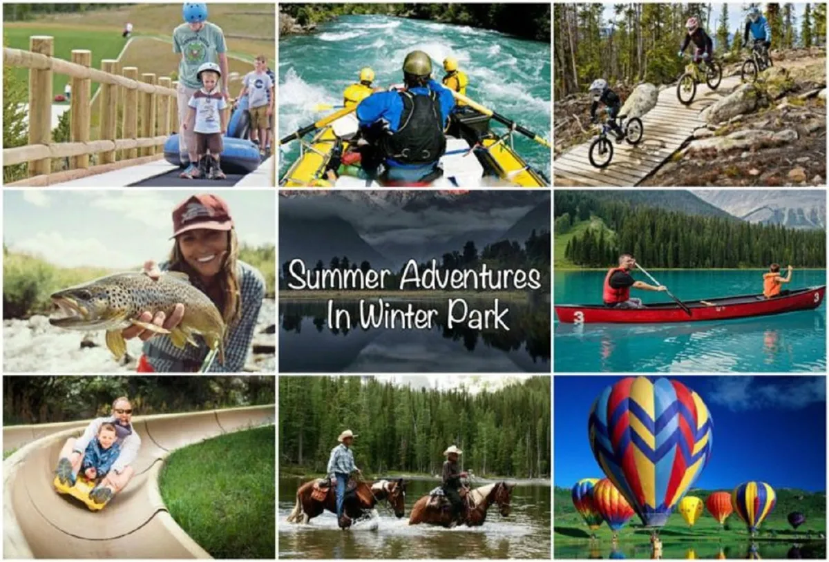 Families and groups are seen enjoying an array of summertime outdoor activities including rafting, biking, fishing, kayaking, tubing, and even hot air ballooning, all set against a beautiful mountainous landscape. The sense of energy and joy is palpable, emphasizing the variety and excitement of local adventures.