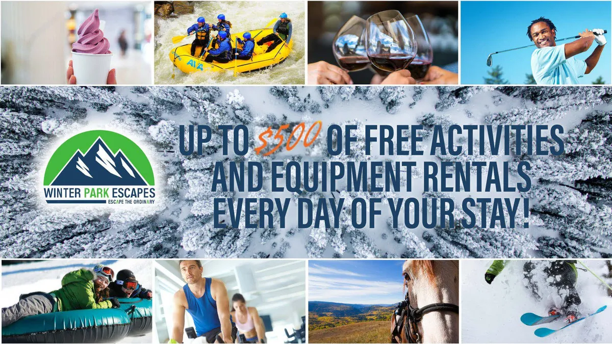 A dynamic interior scene featuring people engaged in various outdoor activities such as rafting, skiing, horseback riding, and golfing, as well as enjoying local cuisine. The image conveys the excitement and breadth of experiences available in the Winter Park area, with memorable family moments and the area's adventurous spirit.